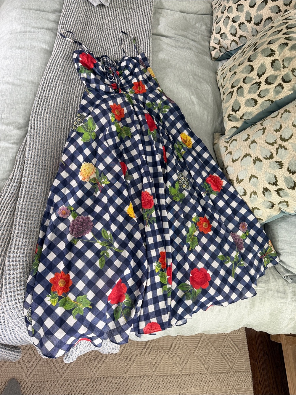 Cara Cara Navy Gingham Floral Sundress with Red, Yellow, Green Accents